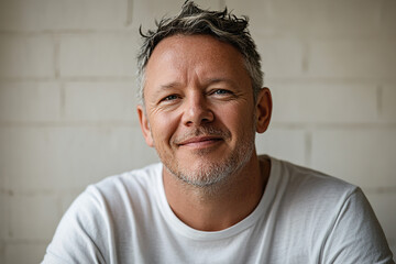 Smiling Middle-Aged Man in White T-Shirt Against Light Background with Copy Space for Banner Design