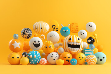 Emoji icons with various expressions, fun visual symbols, playful design, 3D illustration