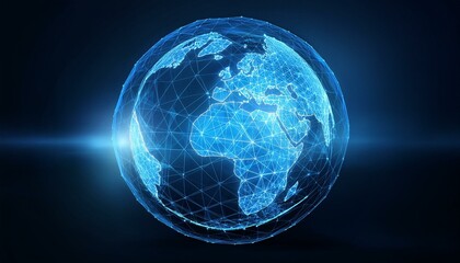 Glowing blue polygonal globe hologram on dark background. 3D Rendering