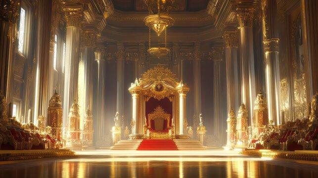 A grand throne room with a red velvet throne, gold accents, and pillars. Sunlight streams through the windows, casting a warm glow.