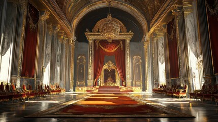 Fototapeta premium An ornate throne room with a golden throne, red velvet curtains, and marble columns, bathed in sunlight streaming through tall windows.