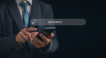 Close-up of man using mobile phone to display search data and global big data connection with search bar. Concept of search engine optimization technology, SEO and job search tool