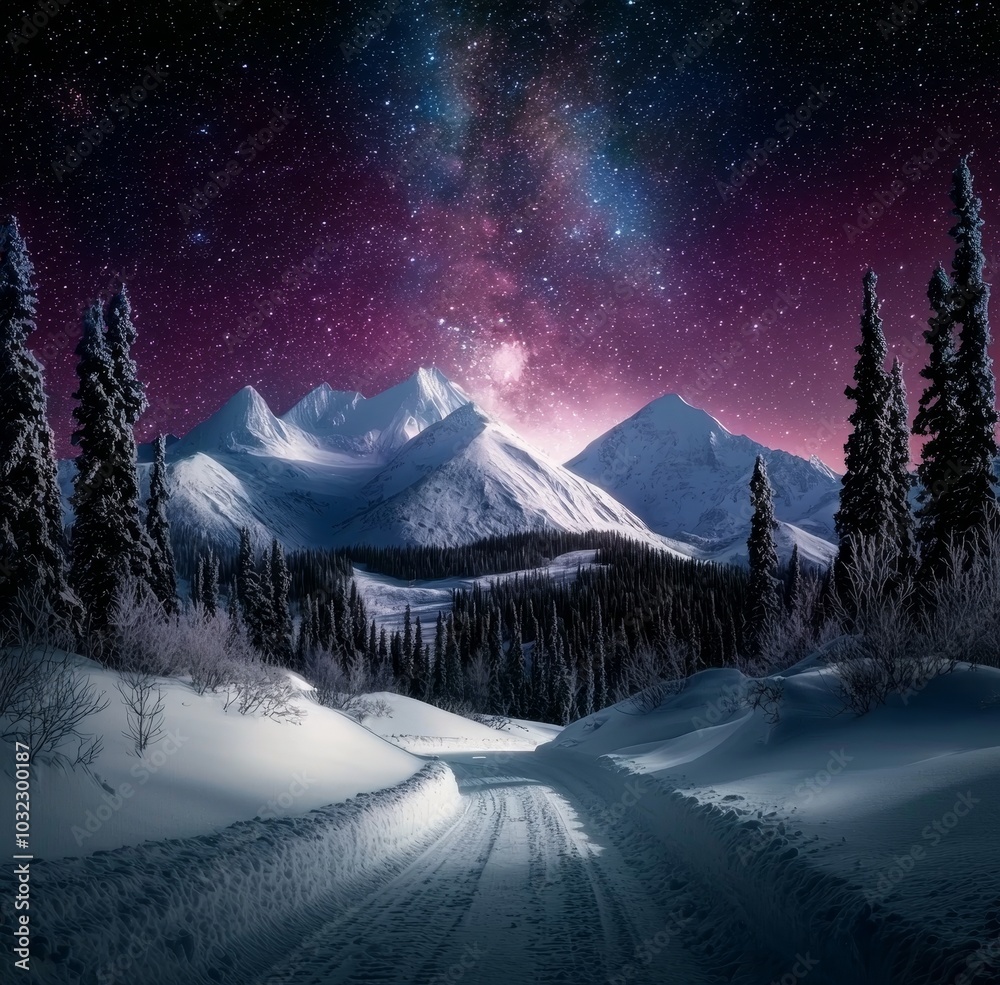 Poster Polish Tatra Mountains at night and the Milky Way, winter