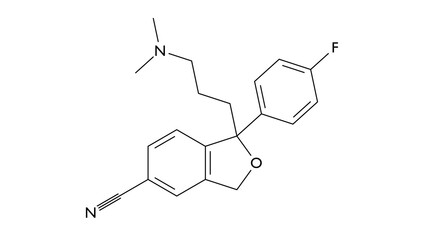 citalopram molecule, structural chemical formula, ball-and-stick model, isolated image antidepressant