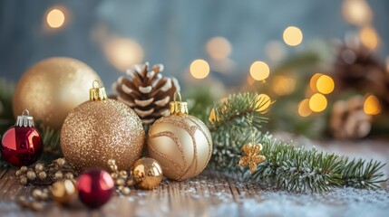 A table is covered with a variety of Christmas ornaments, including gold