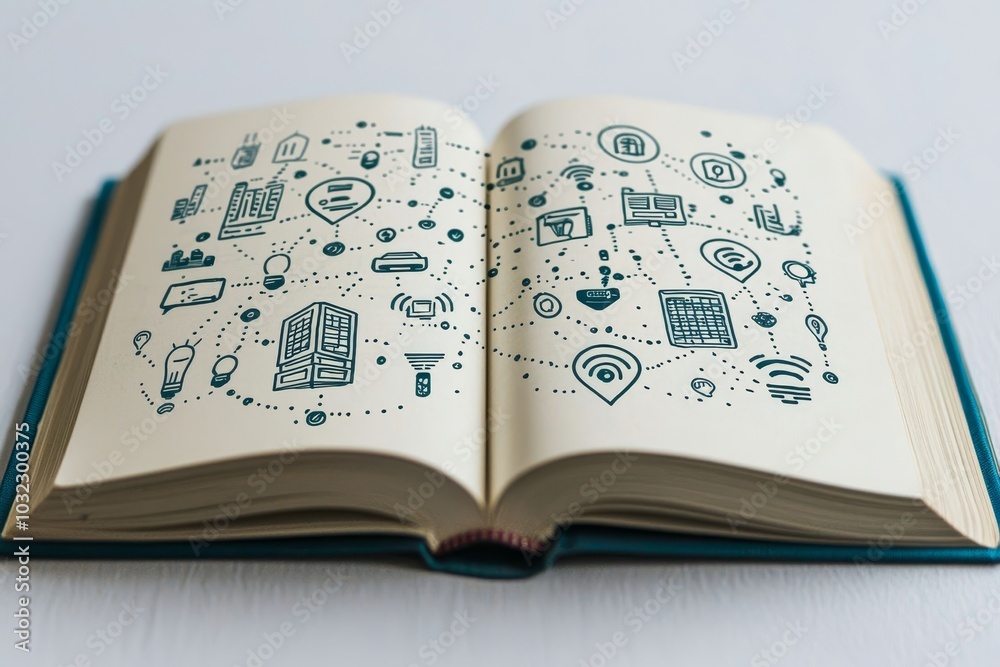 Leinwandbilder in the open book pages, a beautiful city skyline scene pops up with smart home controlled wireless c