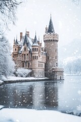 Obraz premium A castle is surrounded by snow and water