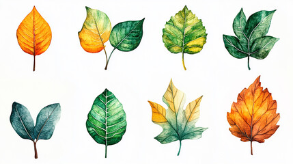Obraz premium Beautiful watercolor autumn leaves collection with vibrant shades of orange, red, and yellow. Perfect for seasonal vector designs, invitations, artistic celebrating beauty of fall. Dry leaves set.