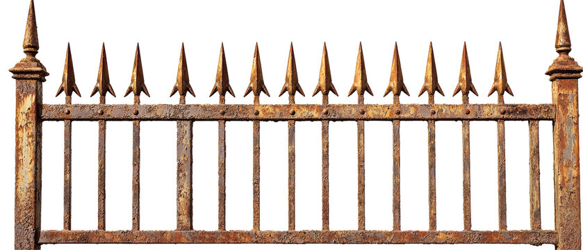 A rusted wrought iron fence with pointed spikes set against a transparent background, showcasing intricate details and aged patina.