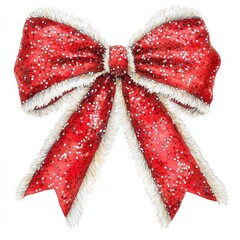 A festive red glittery bow with white fur trim for decoration.