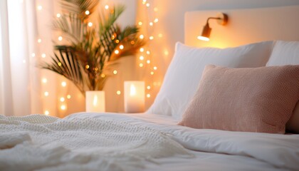 A beautifully decorated bedroom featuring soft ambient lighting, a comfy bed with textured pillows, and elegant decor elements to create a serene atmosphere.