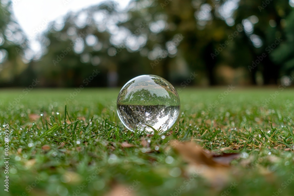 Poster crystal globe lying on grass in a forest - close up