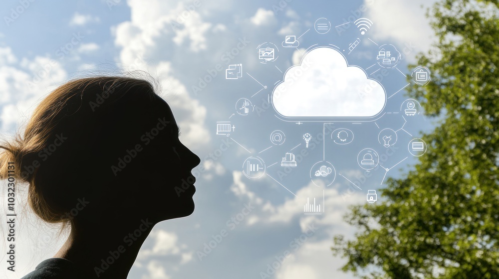 Poster silhouette of a woman gazing at a cloud representing a network of digital icons
