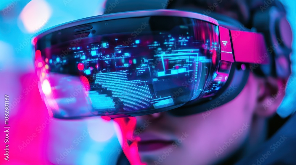 Poster Person Wearing VR Headset with Neon Lights and Digital Data Display