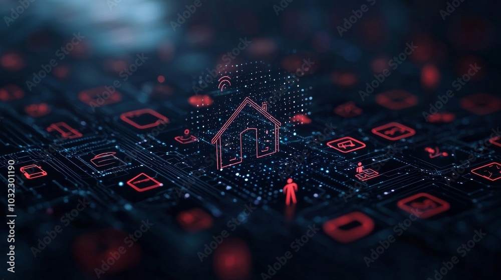 Poster Render illustration of IOT network for global communication powered by mobile internet devices
