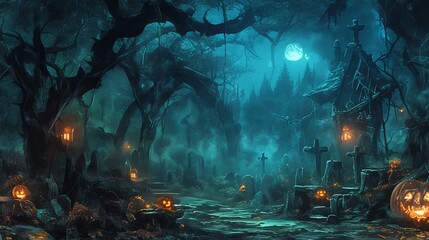 A spooky, moonlit graveyard scene with glowing pumpkins and eerie trees.