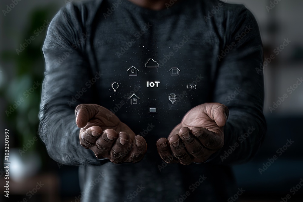 Poster An image of a businessman holding a block diagram of the internet of things is shown.