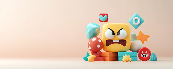 Obraz premium Abstract emoji icons, geometric visual symbols, modern digital style, 3D illustration