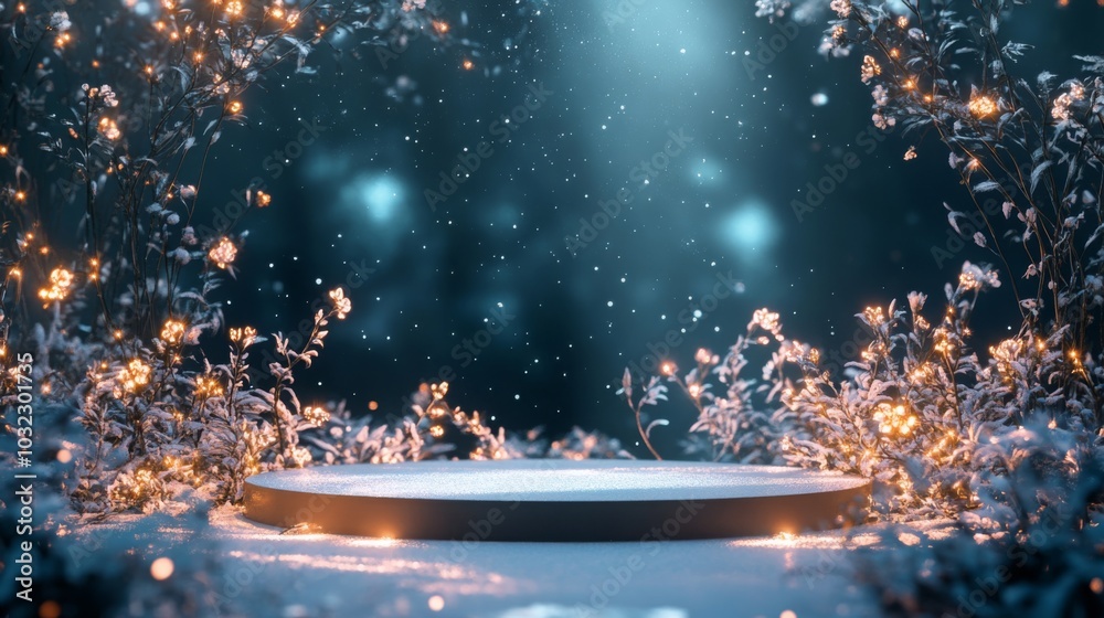 Poster a tranquil platform sits in the center of a snowy landscape, surrounded by illuminated flowers and s