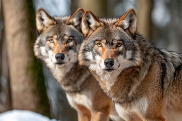 Obraz premium There are two beautiful wolves in this cold and snowy winter landscape