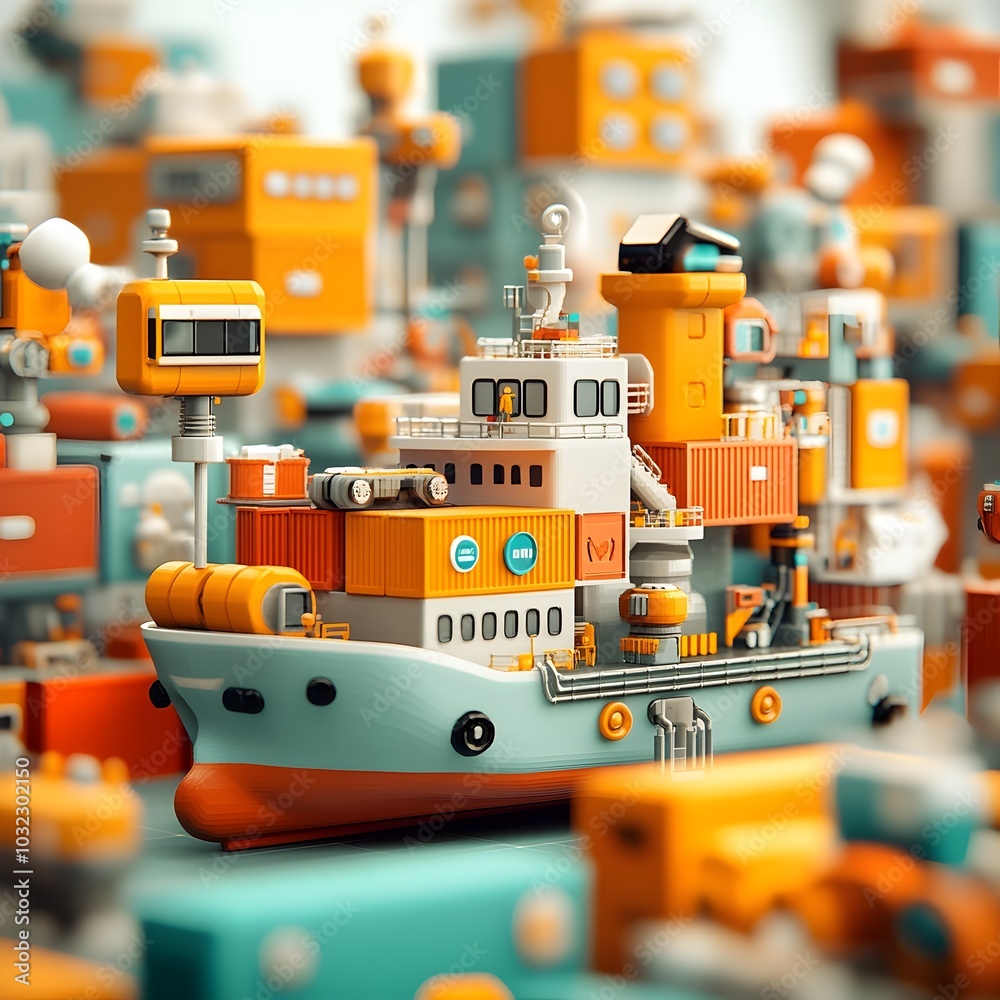 Poster Streamlined aerodynamic container ships equipped with advanced robotics and automation systems optimizing global logistics and trade set against a backdrop of a sleek