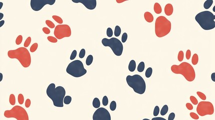 Seamless pattern of red and blue paw prints on a cream background.