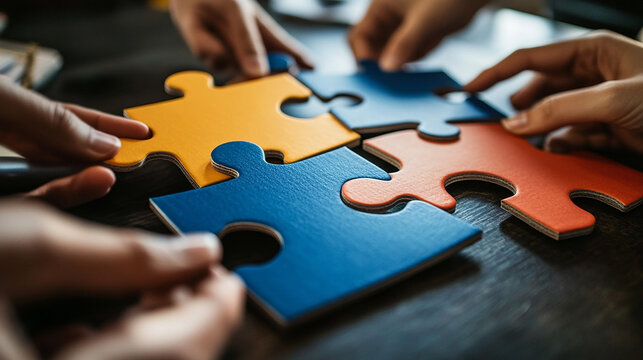 Friends playing jigsaw puzzles at office or college, on a white wooden table. Putting things together and solving problems. Diversity and fun in a friendship. - Powered by Adobe