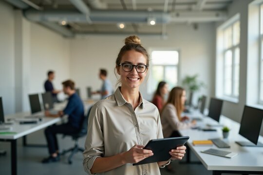 Collaborative modern office environment with business professionals engaging in teamwork and technology.