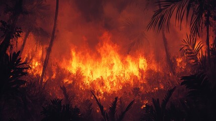 Detailed view of a forest fire burning through a dense thicket, with flames and smoke plumes.