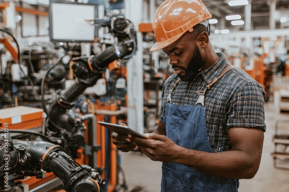 Poster A black factory worker working with an adept robotic arm in a workshop. Automated manufacturing software for industrial robots.