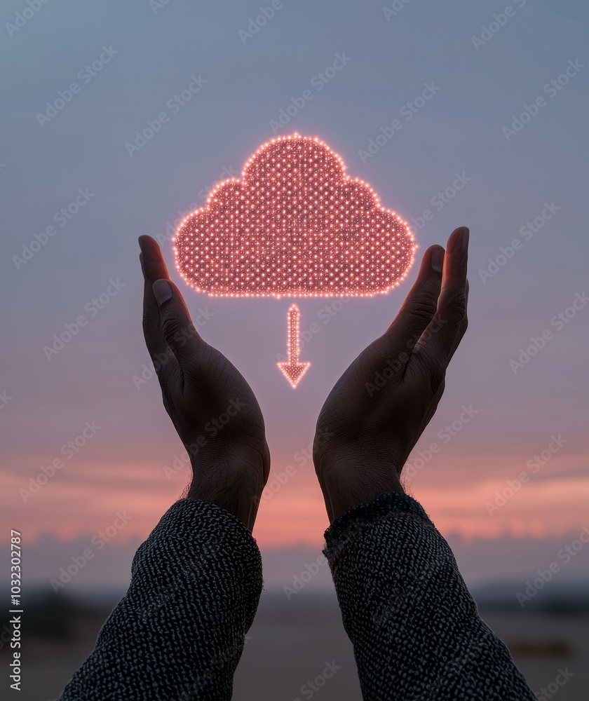 Fototapete Symbol representing cloud computing and networking. Hands touch the global network icon against a sunset background.