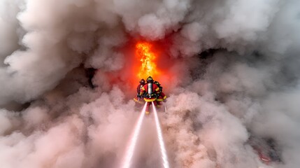 Fototapeta premium Courageous firefighters locked in a fierce struggle against a towering blaze their faces set with resolute focus as they expertly maneuver powerful hoses
