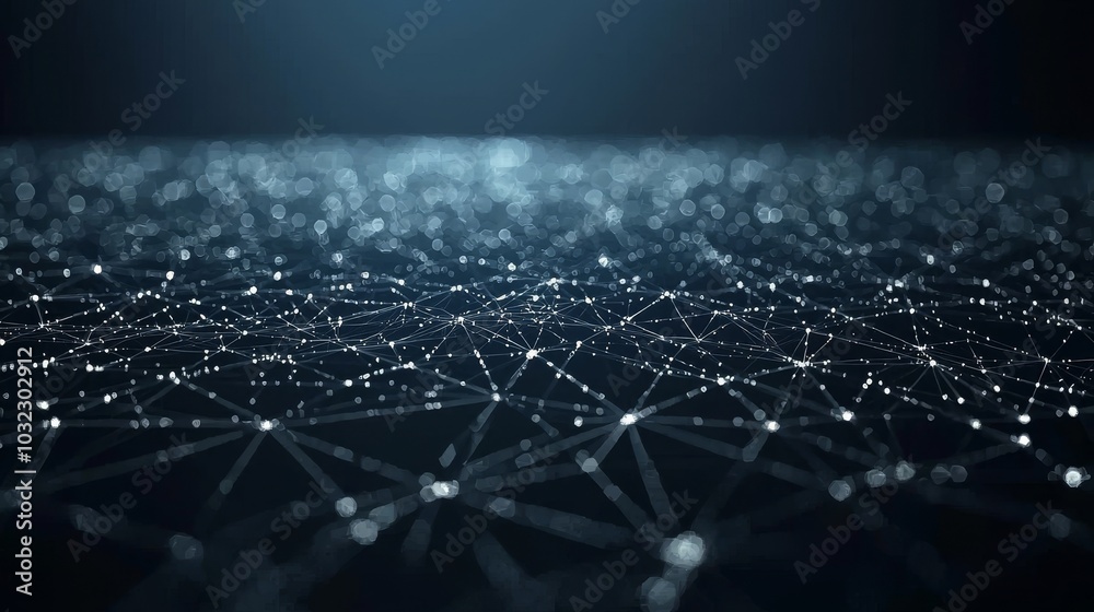 Poster Concepts related to cybersecurity and data protection. Polygons, dots, and lines connect internet networks with dark blue background, center focus, side blur.