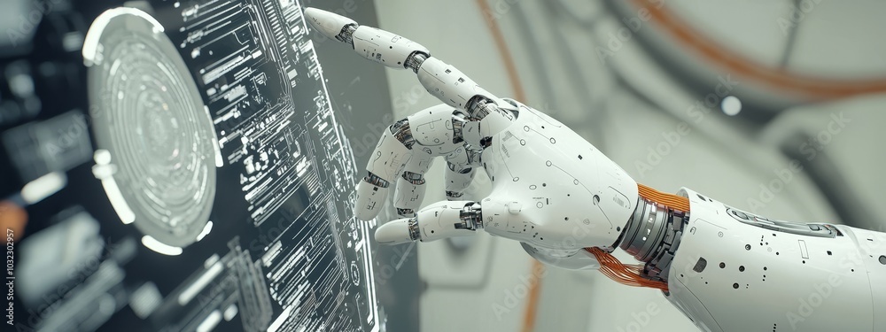 Aufkleber Industrial digital manufacturing manager engineer touching industry 4.0 network and control automation robot arms machine with modern virtual interface data in real time.
