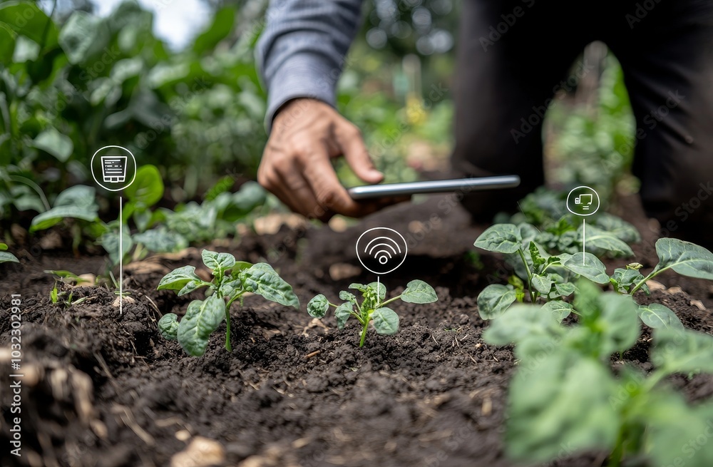 Poster In agriculture technology, a farmer pulls out a tablet device or laptop computer to examine data on agricultural problems and display a visual icon. Smart farming.