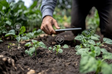 Obraz premium In agriculture technology, a farmer pulls out a tablet device or laptop computer to examine data on agricultural problems and display a visual icon. Smart farming.