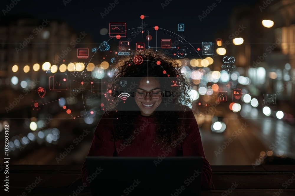 Aufkleber future of cyber security, fintech software, and information technology. woman on digital tablet with