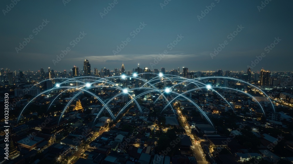 Poster Concept of a smart wireless city that is connected to the cityscape and enables reciprocity between the network and the people inside.