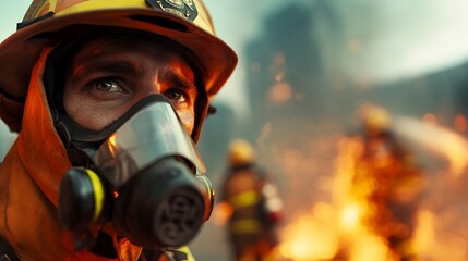 Fototapeta premium Heroic firefighters in action bravely battling a raging inferno their faces illuminated by the dancing flames determination etched on their features set against a dramatic city skyline at dusk
