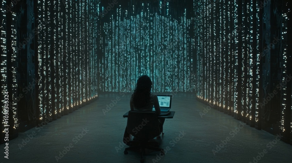 Poster Data Center IT Specialist using a tablet computer and turning augmented VFX visualizations onto cloud servers. System Engineer employed by a cyber data security firm.