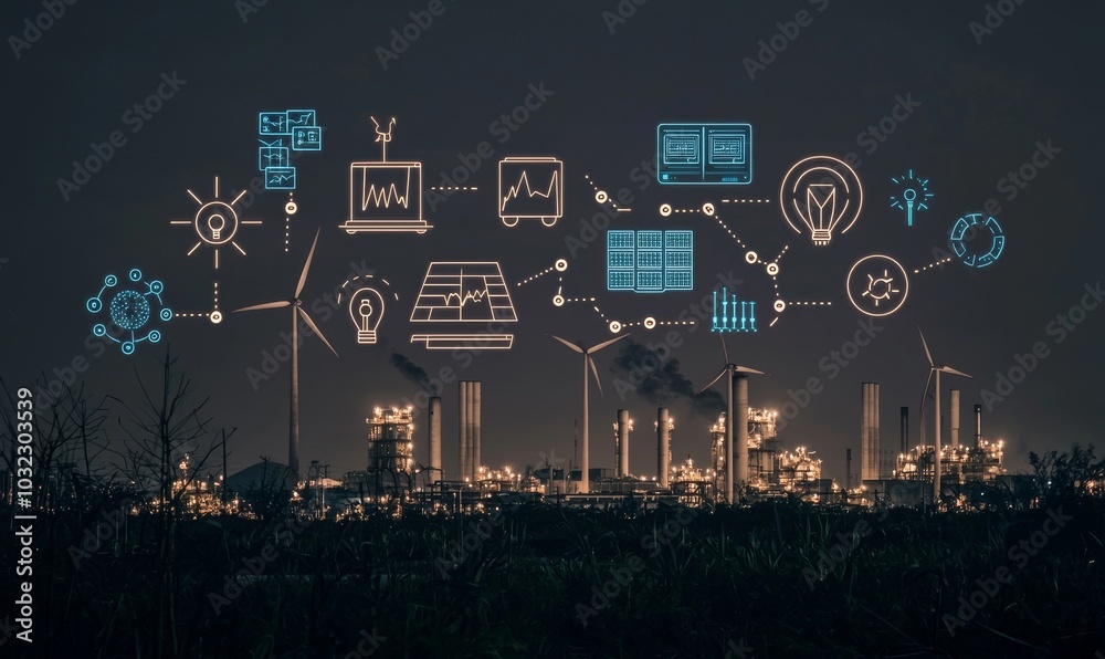 Poster A three-dimensional scene with a smart device used for production business, control, or automation using IoT data from the industrial world. 5G network infrastructure infrastructure for manufacturing