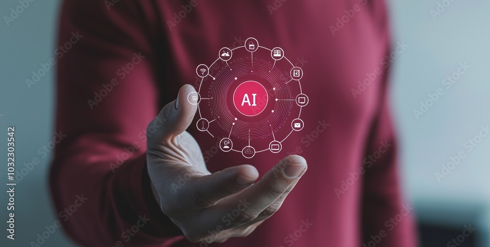 Poster Cybersecurity computer vision metaverse twin drive business industrial interface with businessman hand background. Automated machine learning system in blue, with background of businessman hand.