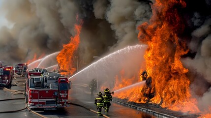 Heroic firefighters working in unison to extinguish a raging oil fire
