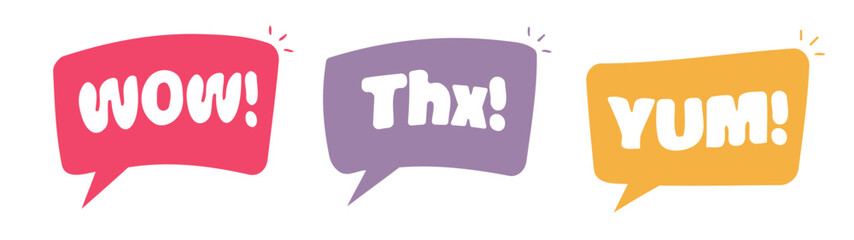 Yummy, wow, thanks doodle speech bubble talk icons vector simple comic hand drawn cartoon graphic illustration set, fun red yellow purple chat messages with text image clip art
