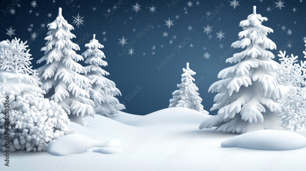 Poster branches of fir trees in a snowy forest at night in the winter.