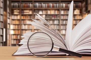 magnifying glass on the page of book, education concept