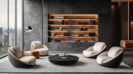 Living room in dark gray and taupe colors. Mockup microcement texture wall interior. Design office. Beige ivory accents, decor shelves and lamp. Modern reception lounge with rich chairs.