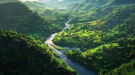 Detailed view of an Indian river winding through a lush green valley with terraced fields.