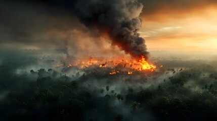 Raging bushfires sweep through a lush tropical rainforest igniting a dramatic scene of scorched and charred vegetation plumes of dark smoke billowing into the sky