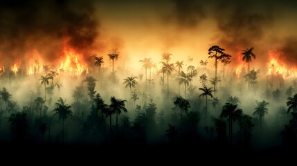 Fototapeta premium Devastated Tropical Forest Ravaged by Uncontrolled Bushfires Towering Flames Engulfing the Treetops Charred and Blackened Tree Trunks Choking Smoke Obscuring the Sky